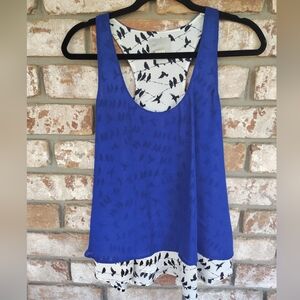 Maeve Women's Layered Blue Bird Print Chiffon Tank Top Sz M Anthropologie Boho